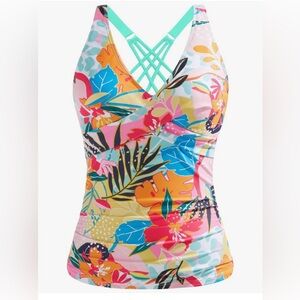 Tankini Swim TOP ONLY Womens MEDIUM Underwire Ruched Tummy Control Strappy  NEW